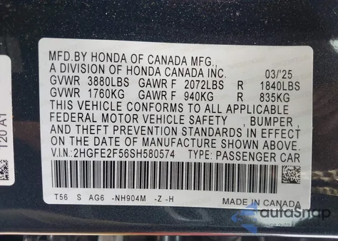 2025 Honda Civic Sport из США, поврежденный, VIN 2HGFE2F56SH580574